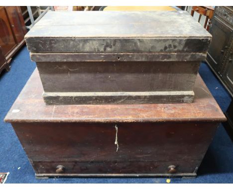 A lot including a large pine blanket chest with single drawer on block feet, 66cm high x 123cm wide x 61cm deep, a tool chest