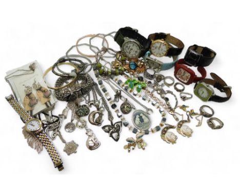 Collection of Silver and white metal jewellery, including Celtic and Feline designs, together with examples of wristwatches m