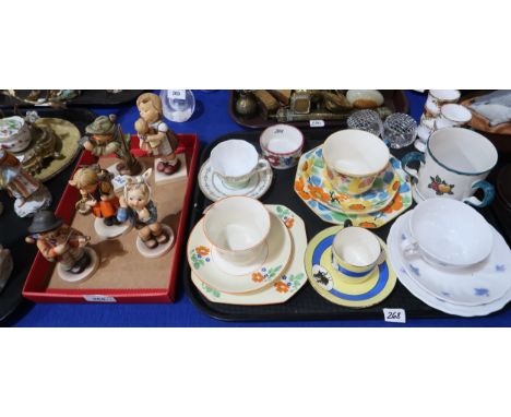 Five Hummel figures including Toothache, Good Hunting, Kiss Me etc together with a small collection of tea wares including Sc