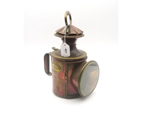 A copper and brass "pie crust"-style railway lantern by Hendry Brothers of Great Clyde Street, Glasgow, measuring approx. 31c