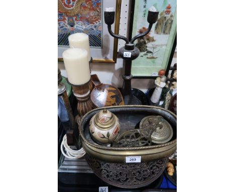 A Coalbrookdale cast iron pierced plate, an Art Deco lamp base, a brass trivet and assorted other items Condition Report:Avai