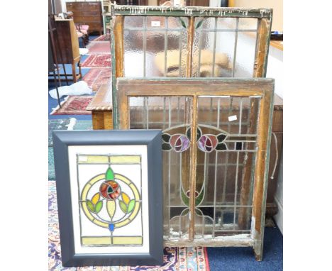 A lot comprising a large Glasgow style leaded stained glass sash window consisting two panels largest, 125cm high x 74cm wide
