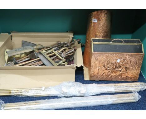 A mixed lot of assorted fire tools, copper coal bucket, copper magazine rack and assorted brass stair rods Condition Report:A