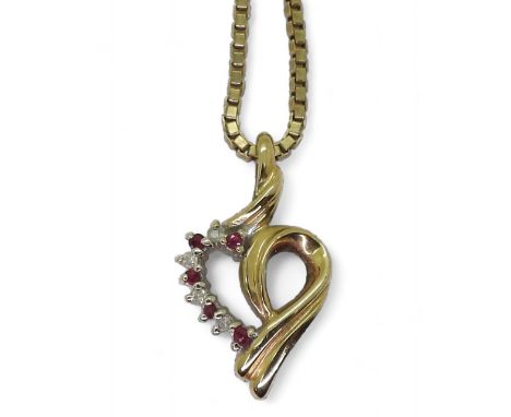 A 9ct gold 45cm box chain, with a ruby and diamond accent heart shaped pendant , weight together 4gms Condition Report:Availa