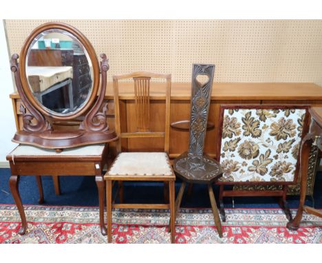 A mixed lot to include tapestry upholstered stool, carved spinning chair, bedroom chair, two assorted fire screens and a toil