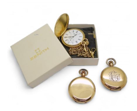 A modern gold plated Zenith full hunter pocket watch, together with two vintage examples a Waltham with plain case and a Mono