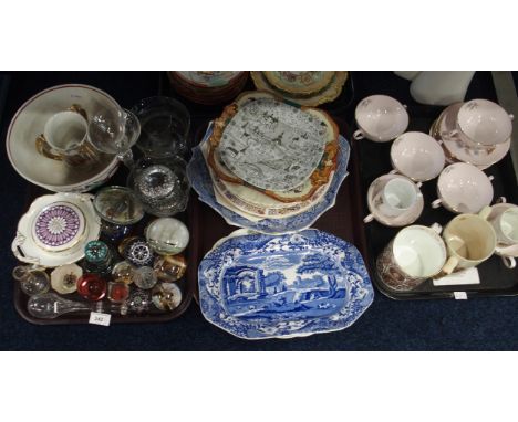 Assorted paperweights including millefiori, a Spode Italian pattern platter, commemorative mugs and assorted other items Cond