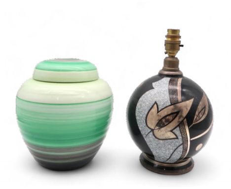 An Art Deco table lamp with silvered decoration together with a large Shelley green banded ginger jar and cover Condition Rep