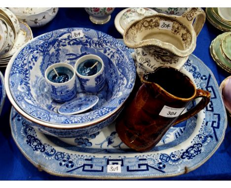 Copeland Spode blue and white bowl, other transfer printed&nbsp;wares, a JJ &amp; Co Falconry jug, given to D &amp; M Pate, S