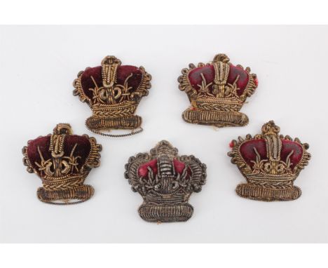 Five Victorian army officers' bullion embroidered rank crown badges