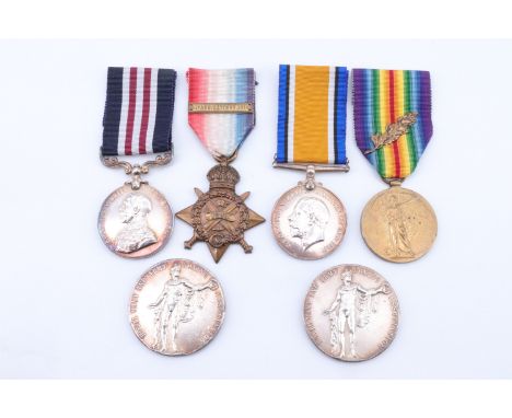 A Great War gallantry medal group comprising a Military Medal, 1914 Star with clasp, British War and Victory medals with oak 