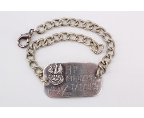 A Free Polish army white metal and nickel identity bracelet