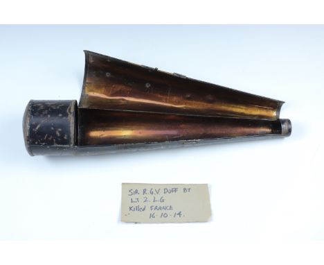 A late 19th / early 20th Century Life Guards officer's plume tin, bearing a brass plaque engraved R G Duff Esq, 2nd Life Guar