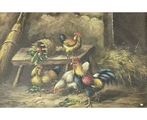 English School (early 20th century): Chickens and Cocks Running Amok in Barn, oil on panel unsigned together with another sim