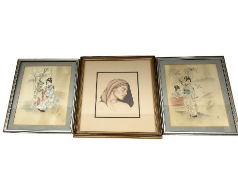 Japanese School (19th century): Mother with Baby by Blossom Tree and Mother with Child by Koi, pair watercolours signed with 