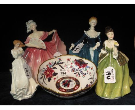 Four Royal Doulton bone china figurines, Elaine HN3307, Fleur HN2368, Janine HN2461, Thank You HN3390; together with Royal Wo