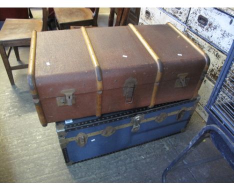 Vintage rectangular trunk with brass banding and metal stud work together with vintage suitcase. (2)