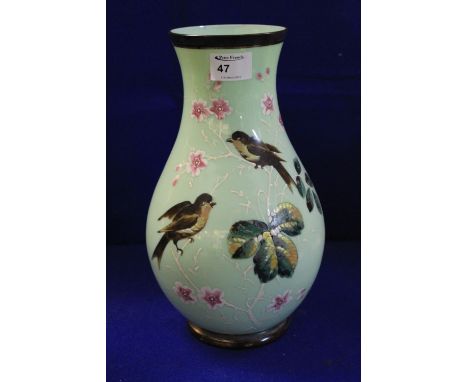 19th century opaline glass baluster shaped vase painted with birds amongst foliage. 