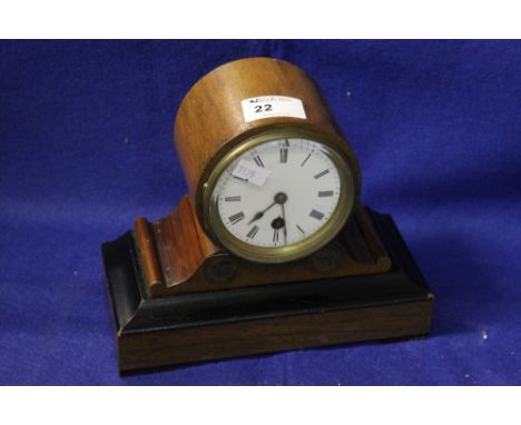 Small 19th century mahogany and ebonized cased single train drum head mantle clock. White enamel face. 