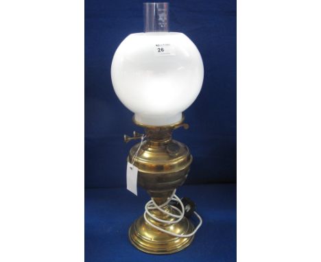 Full brass oil lamp with opaque shade and clear chimney, now converted to electricity. 