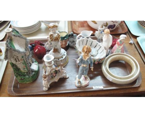 Tray of assorted china to include Royal Worcester fine bone china parakeet modelled by FG Doughty, Royal Doulton Tootles and 