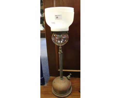 Brass Tilley type pedestal pressure lamp with glass shades. 