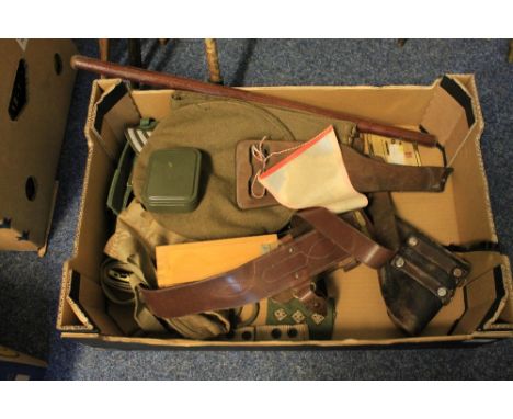 Box of assorted militaria items including swagger stick, beret, forage cap, pistol stock, webbing items, cartridge cases, cam