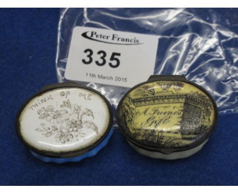 Two 19th century enamel patch boxes, one titles 'a friend's gift' the other 'think of me'. (2)