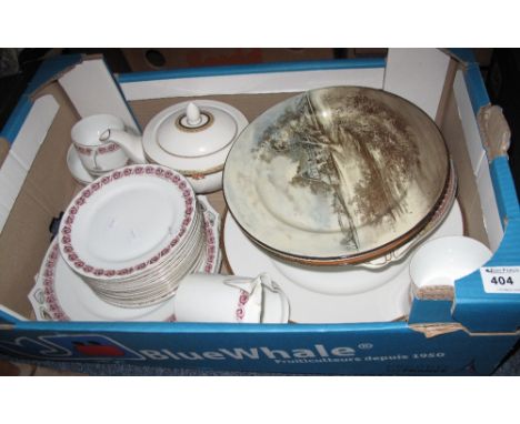 Tray of various china to include J&G Meakin tureen, continental geometric design plates, Royal Doulton New Romance collection