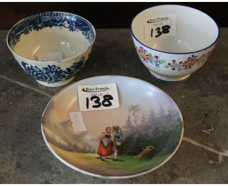 18th century English porcelain under glazed blue decorated tea bowl, another enamel painted tea bowl and a continental porcel