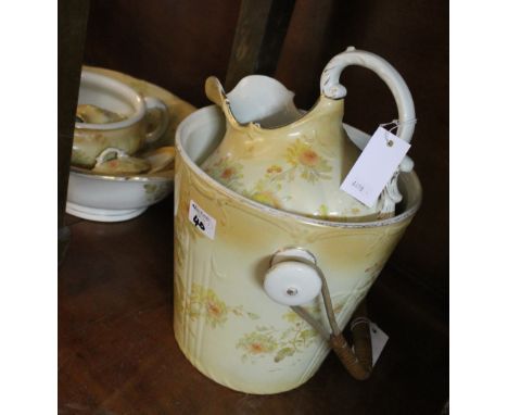 Staffordshire pottery jug and basin set to include pail, chamber pot, soap dish and tooth brush vase. (5)