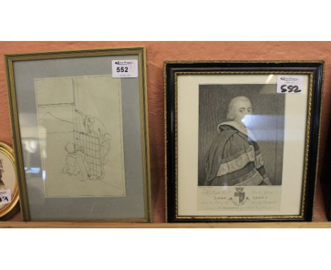 Japanese school, two artists admiring Mount Fuji, pen and ink sketch, together with an engraved portrait after Chandler Lord 