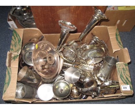 Tray of assorted metal ware to include Eaton pewter tankard, plated three section epergne, various tankards, pierced cake bas