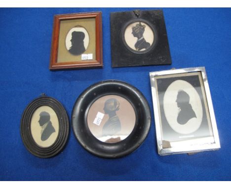 Collection of five assorted 19th century portrait silhouettes, one in silver frame and date July 9th 1818, three gentleman an
