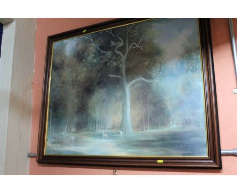 Large coloured furnishing print, deer in a woodland. Framed. 