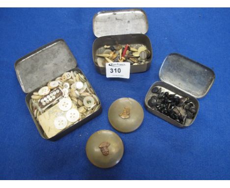 Bag containing tins, players navy cut and other tins containing assorted sewing accessories, buttons, cufflinks, mother of pe