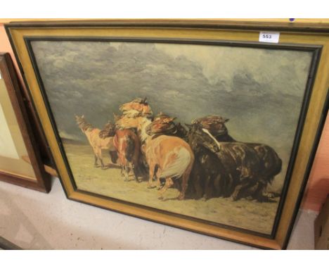 A group of Dartmoor ponies in a storm, coloured print. Framed and glazed.