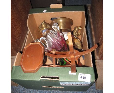 Tray of assorted items to include Mirano type bud shaped vase, small brass single oil burner, cast metal shop scales with wei