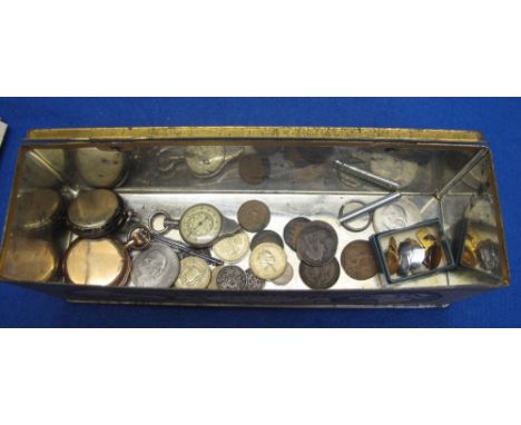 Coronation souvenir 1937 tin containing parker 14k 585 fountain pen in case, pocket watches, compass, various GB coins, £2 co