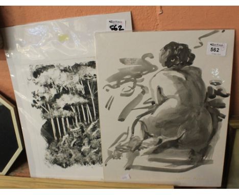 Victoria Malcolm (Contemporary Welsh), nude study, ink. Signed. Unframed. Together with Diane Walkey, wild wood, monochrome p