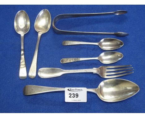 Bag of assorted silver to include silver spoons, table spoon, fork and sugar nips, London hallmarks. 