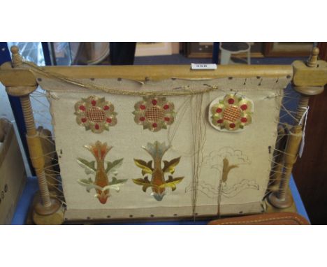 Wooden tapestry frame and current work. 