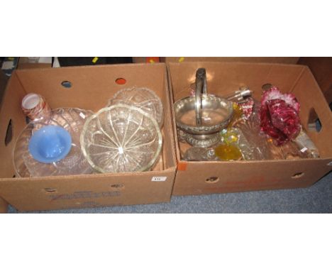 Two boxes of mainly assorted glassware to include various fruit bowls, Bohemia ruby coloured glass pedestal bowl, waisted vas