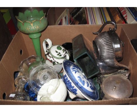 Box of assorted china, glass and metal ware to include pillow design blue and white circular tureen, Delton ware Burslam cher