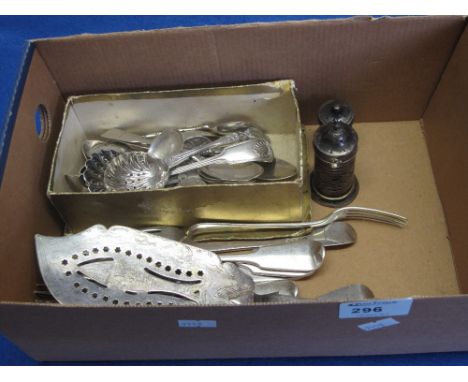 Box of assorted predominantly silver items to include various flatware, forks, spoons, collectors spoons, ladle, plated fish 