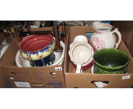 Two boxes of assorted china to include green glazed foliate planter, various large baluster jugs, cream and floral jug and ba