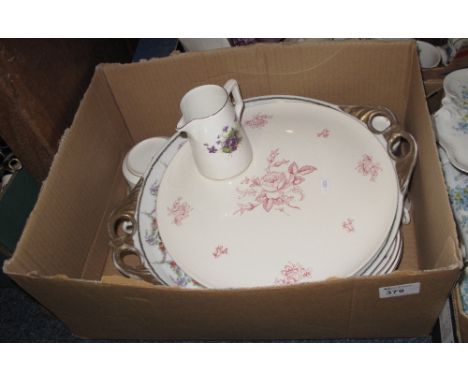 Tray of assorted china to include Copeland Spode Billingsley Rose circular plate, continental floral and gilt two handled tra