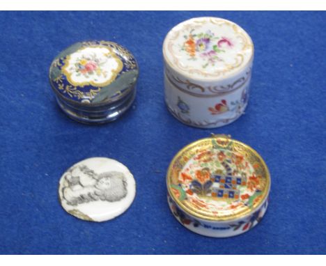 Victorian Imari circular scent bottle, enamel patch box, porcelain floral cylinder jar and cover, enamel portrait of nobleman