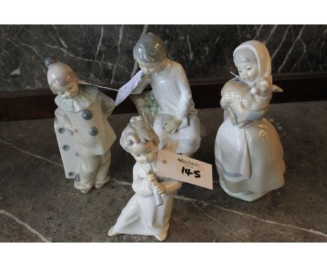 Three Lladro porcelain juvenile figures to include child dressed as a clown, cherub playing flute, and seated child with book