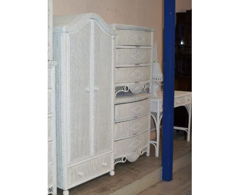 MODERN WHITE WICKER BEDROOM SET COMPRISING DOUBLE DOOR WARDROBE, PAIR OF 3 DRAWER CHESTS, DRESSING TABLE WITH 2 MIRRORS &amp;